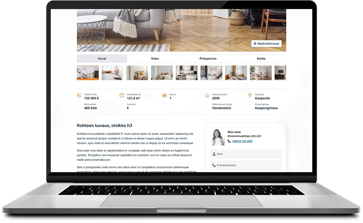 Device mockup with a Huoneistokeskus web site apartment announcement