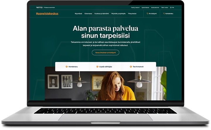 Device mockup with a Huoneistokeskus web site front page