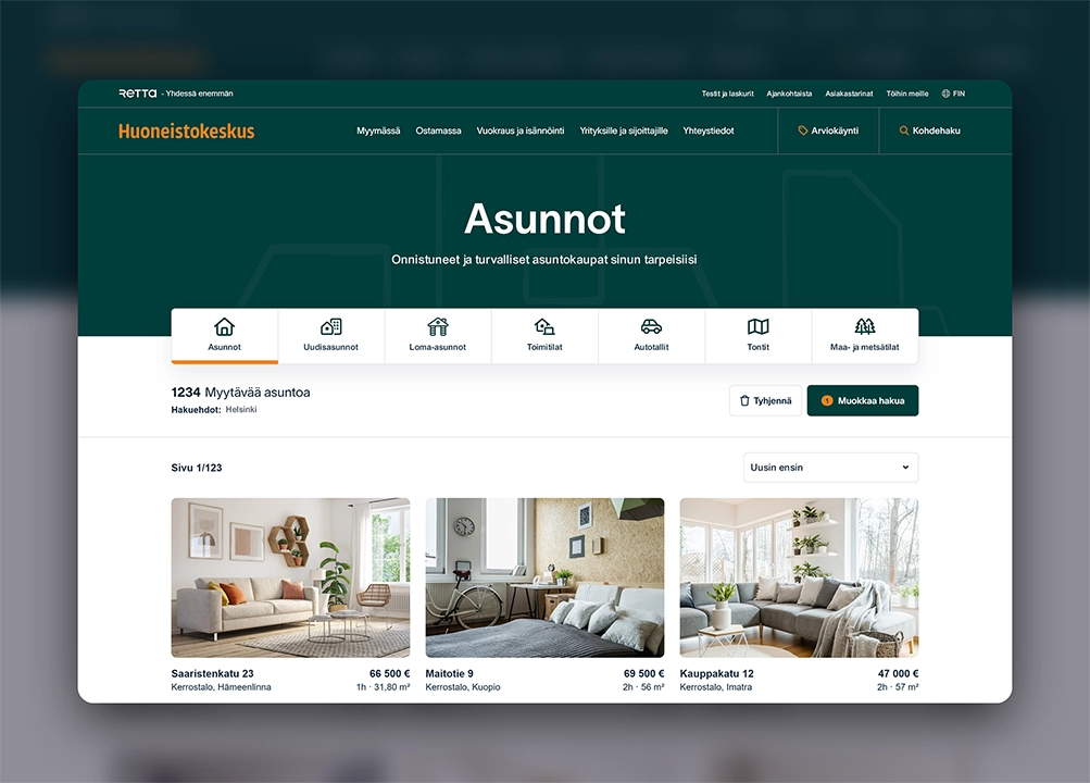 Device mockup with a Huoneistokeskus web site apartment search