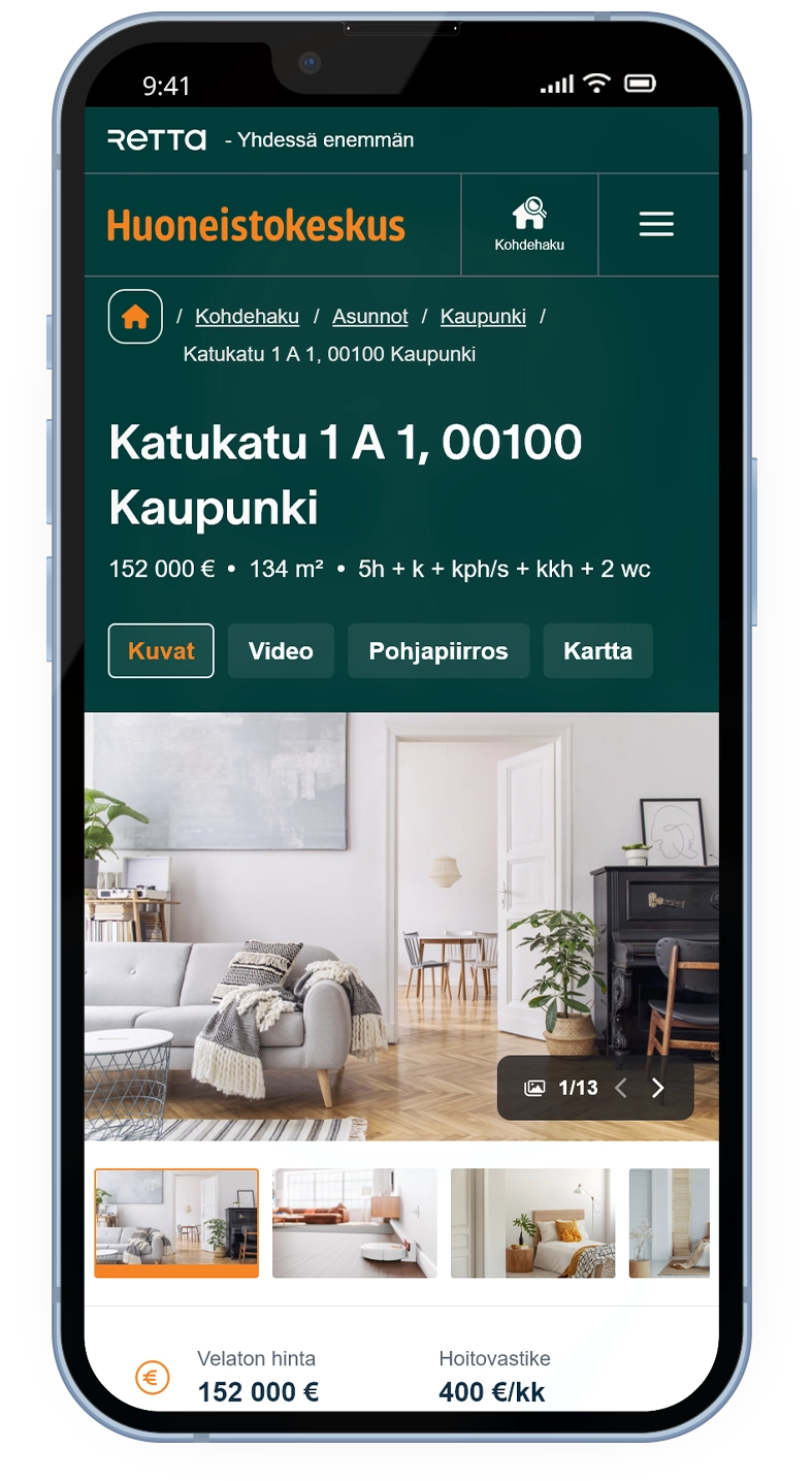 Mobile mockup with a Huoneistokeskus web site apartment bulletin