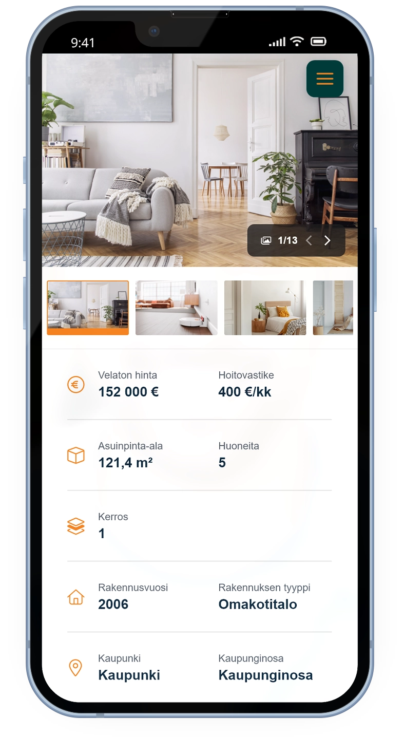 Mobile device mockup of the Huoneistokeskus lease announcement