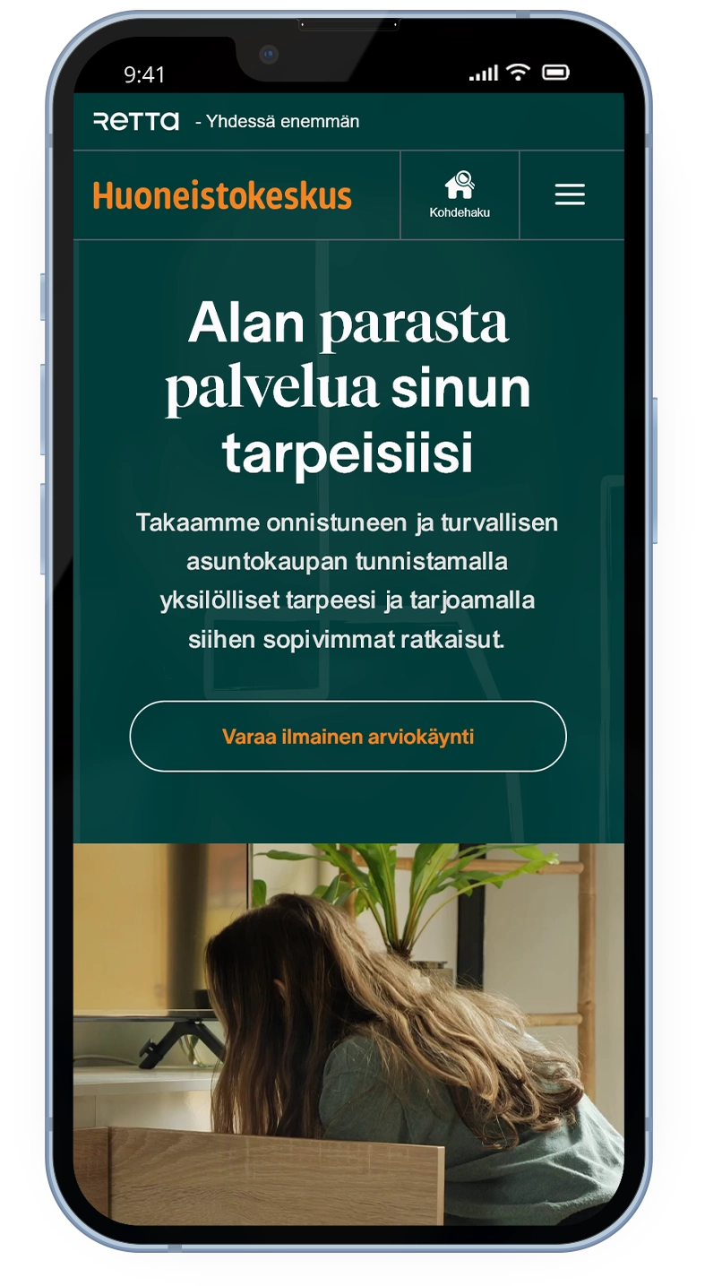 Mobile device mockup of the Huoneistokeskus front page