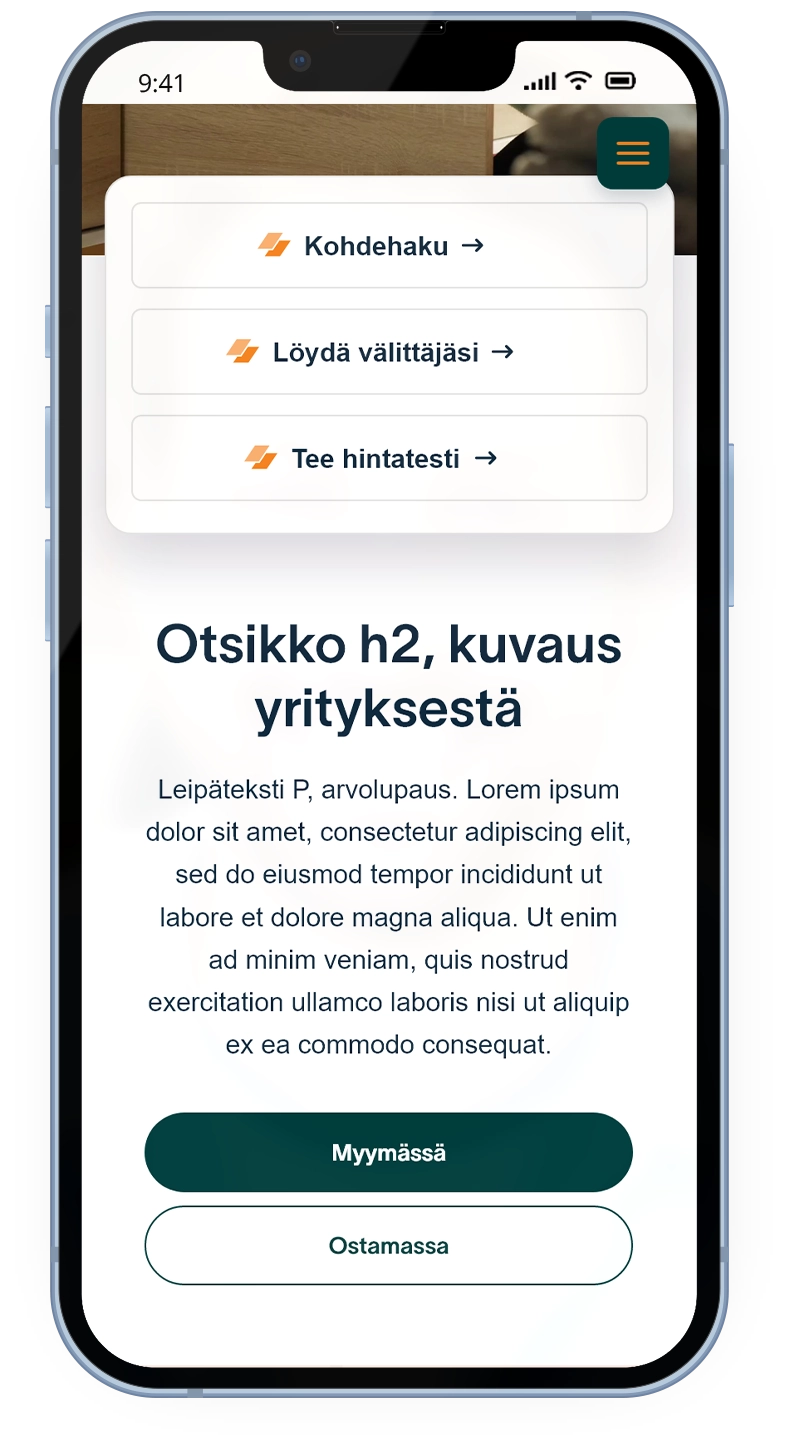 Mobile device mockup of the Huoneistokeskus front page scrolled down