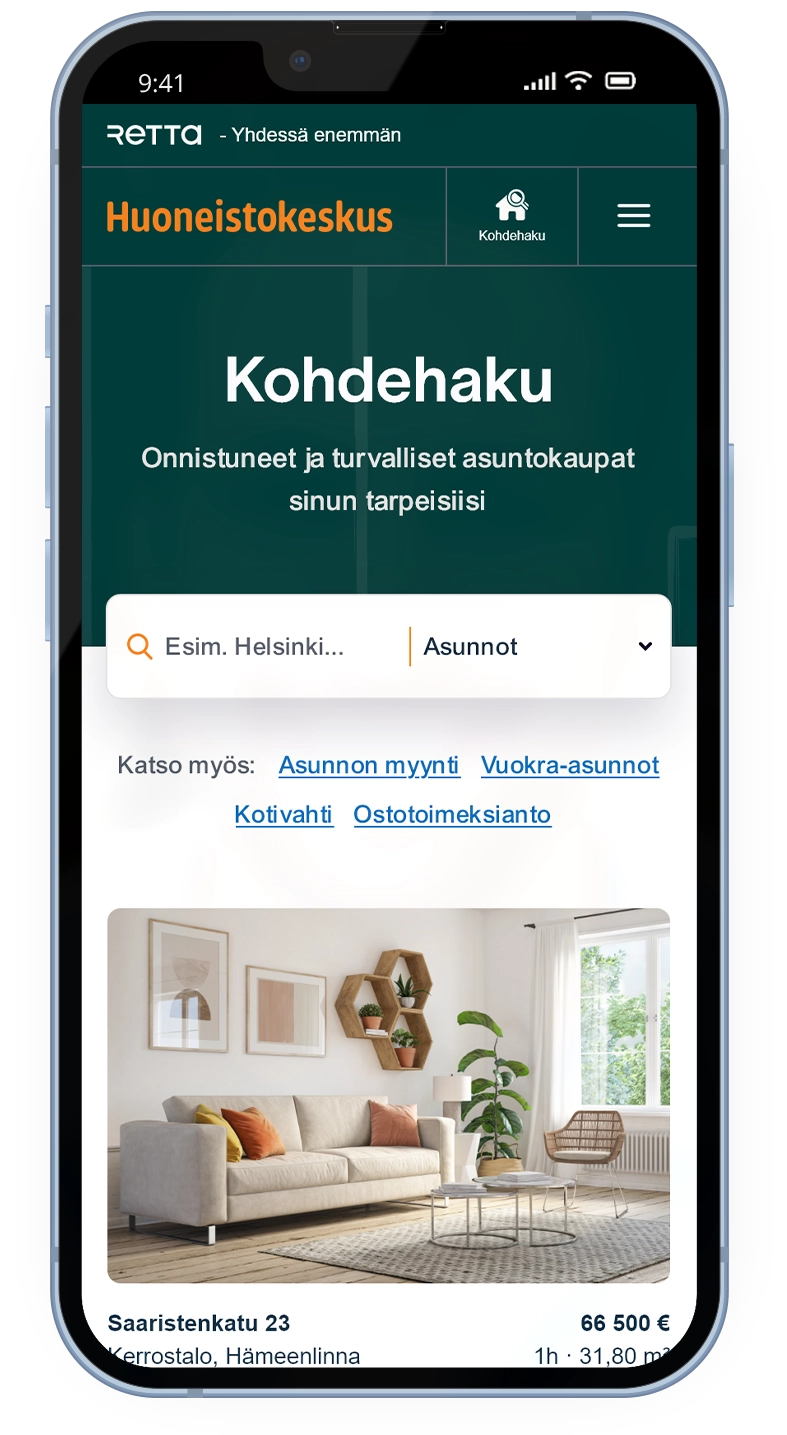 Mobile mockup with a Huoneistokeskus web site search function