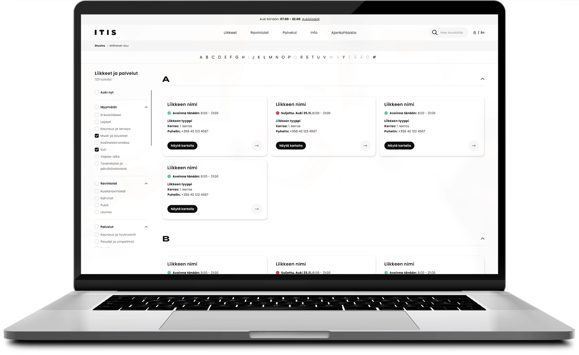 Device mockup of the Itis web page business search and filer options