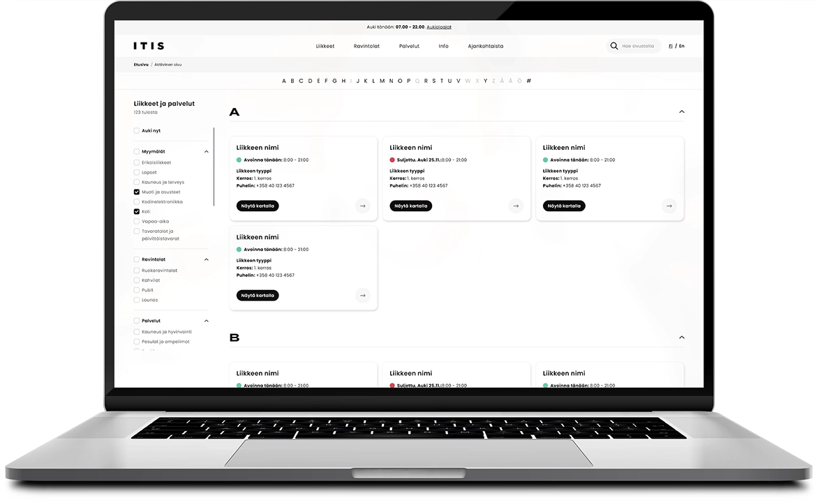 Device mockup of the Itis web page business search and filer options