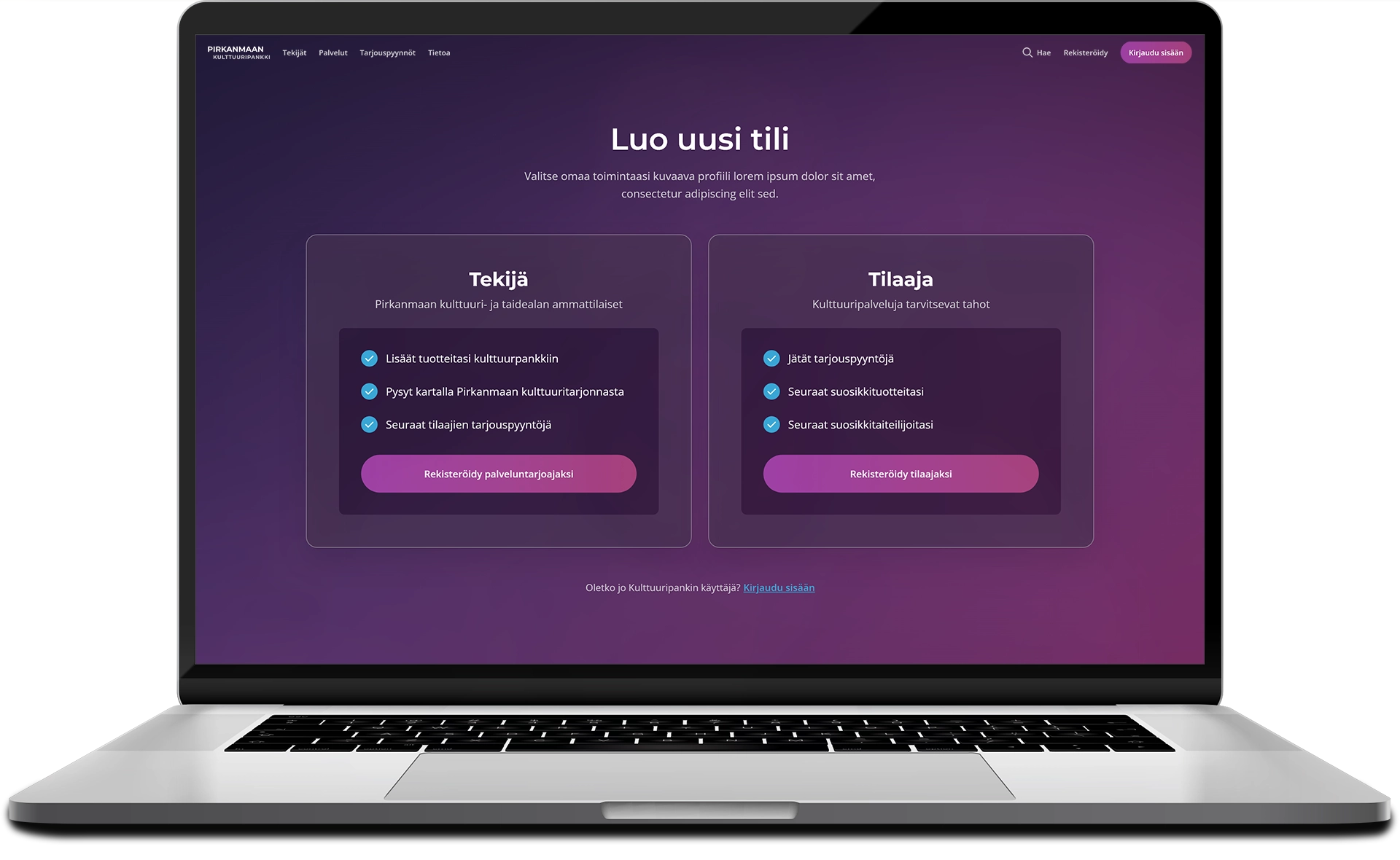 Device mockup of the Kulttuuripankki user registeration profile selection