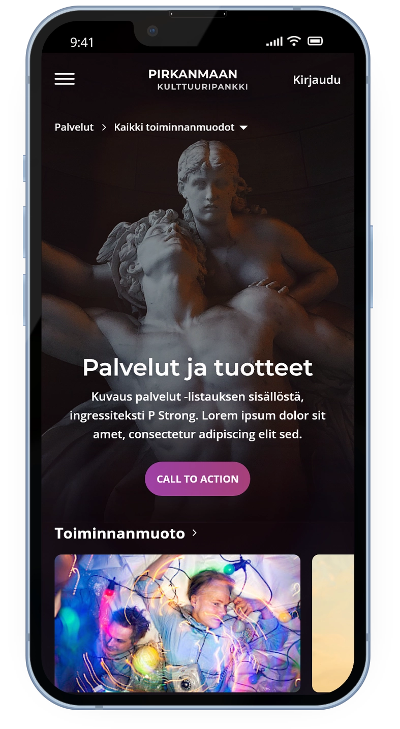 Mobile mockup of the Kulttuuripankki services landing page