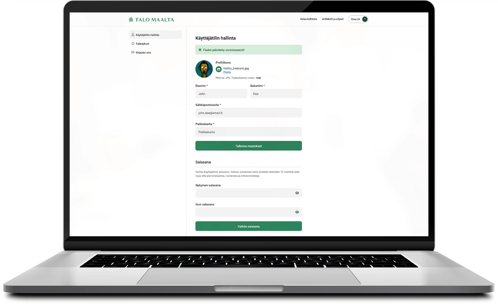 Device mockup of the Talo Maalta user profile management page