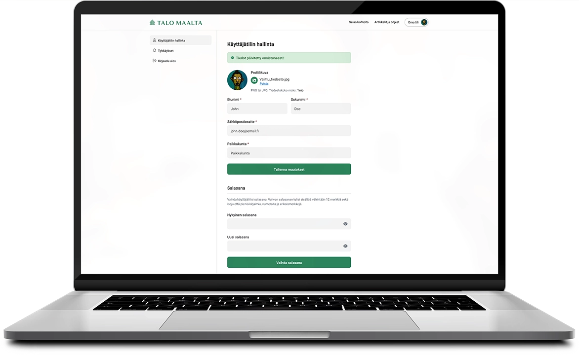Device mockup of the Talo Maalta user profile management page