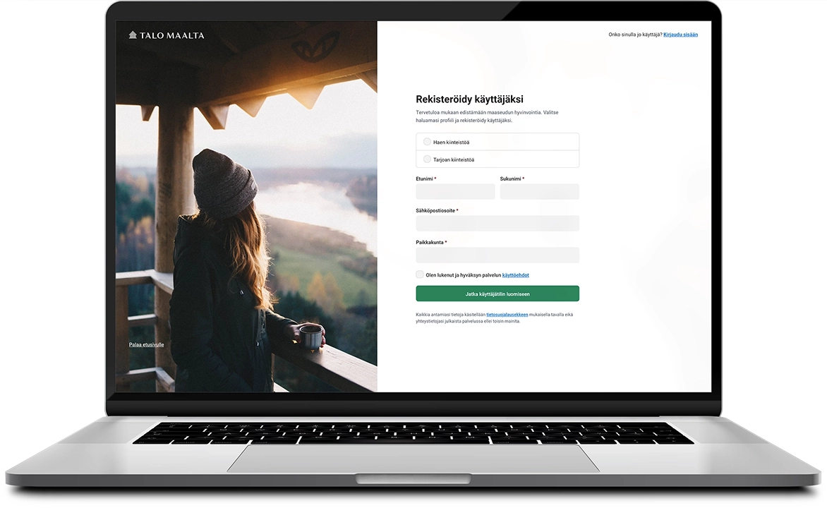 Device mockup of the Talo Maalta registration page