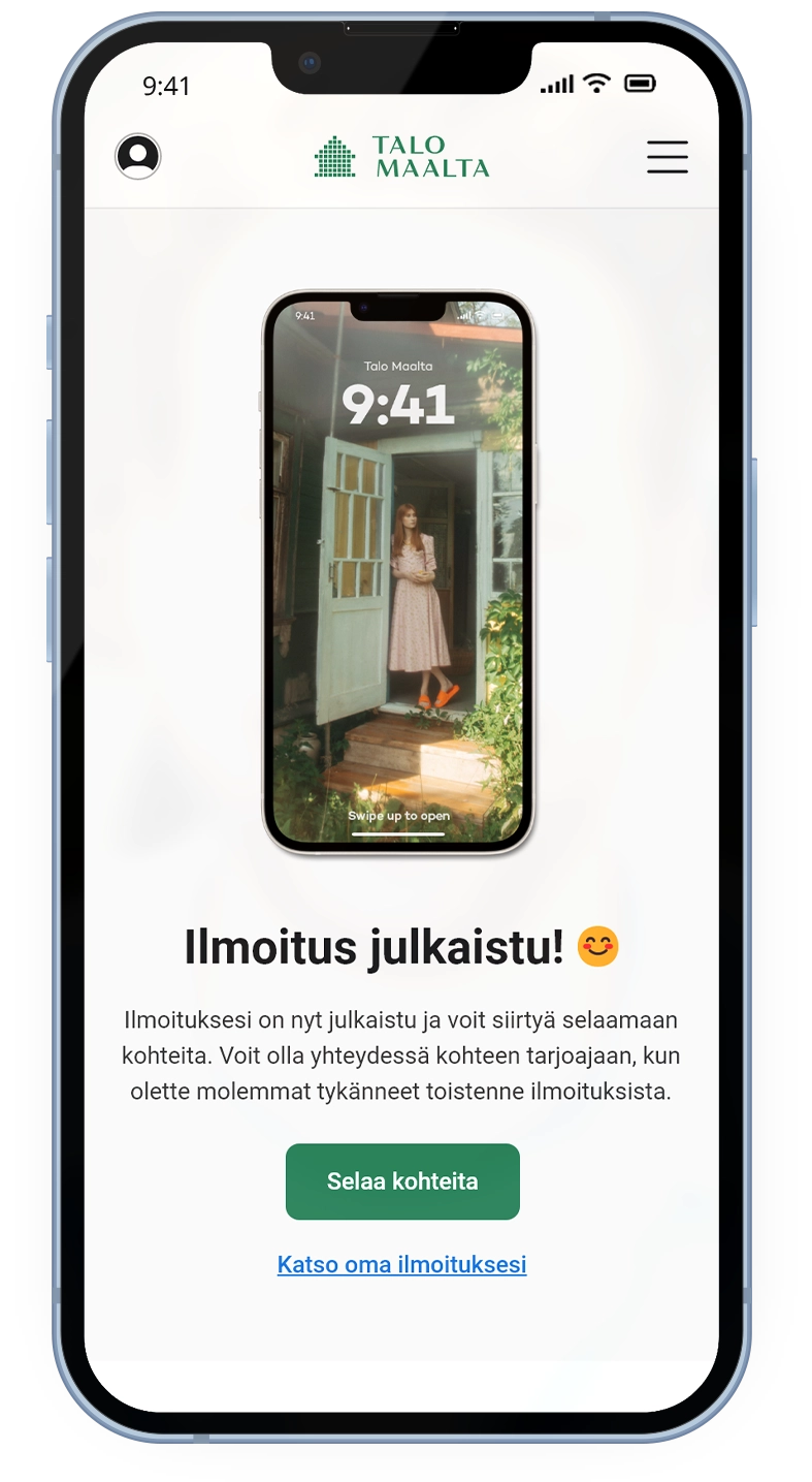 Mobile mockup of Talo Maalta user created announcement being published