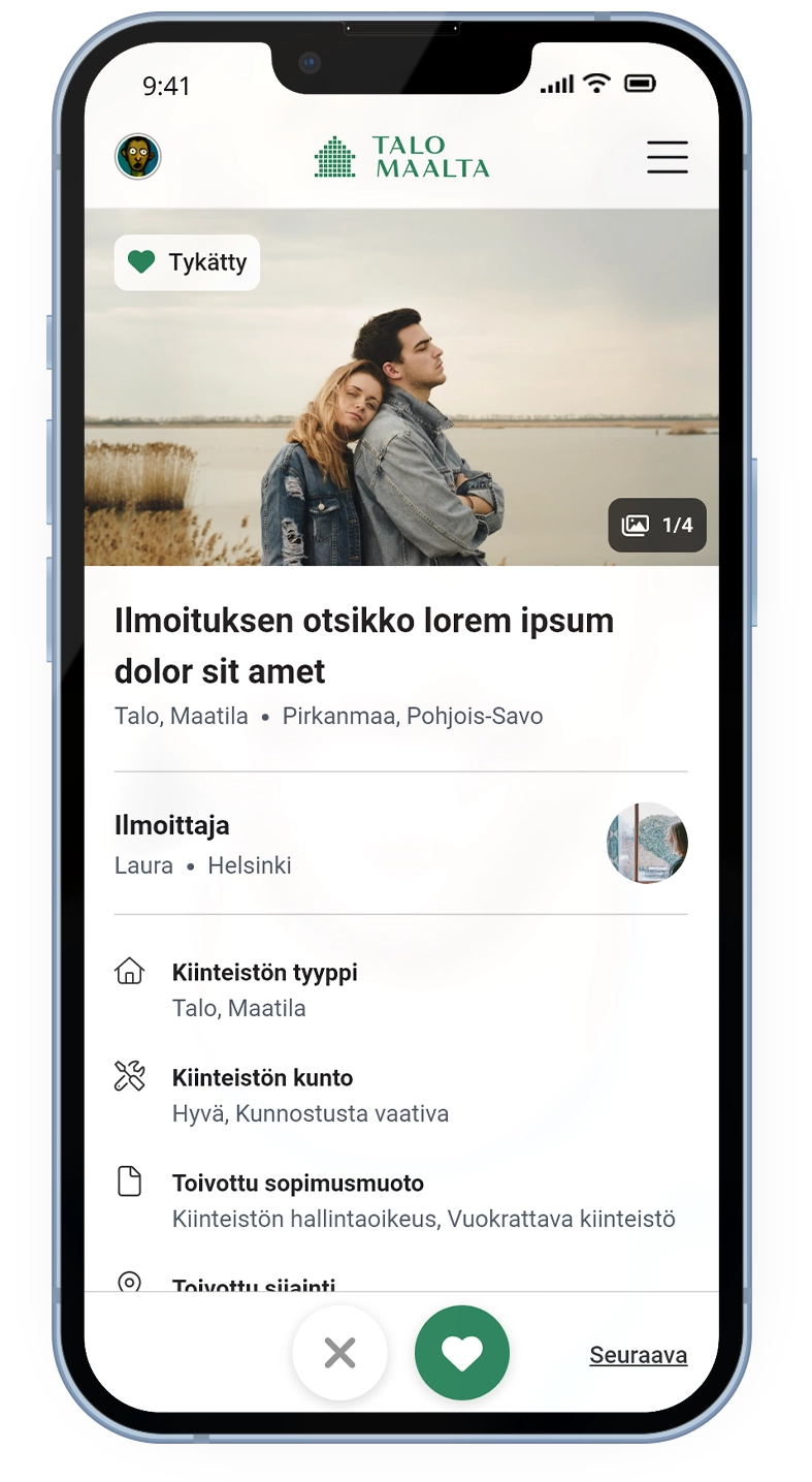 Mobile mockup of the Talo Maalta user profile annoucement page