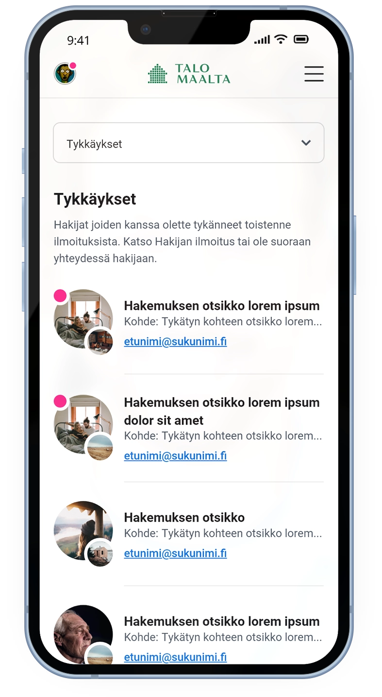 Mobile mockup of the Talo Maalta user match list